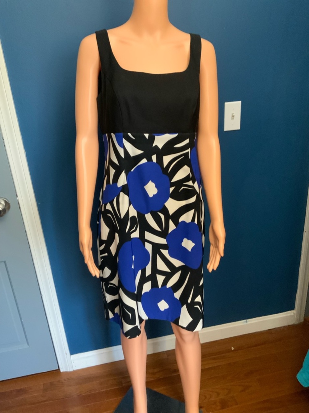 Sleeveless Black Midi Dress with Royal Blue Floral Skirt